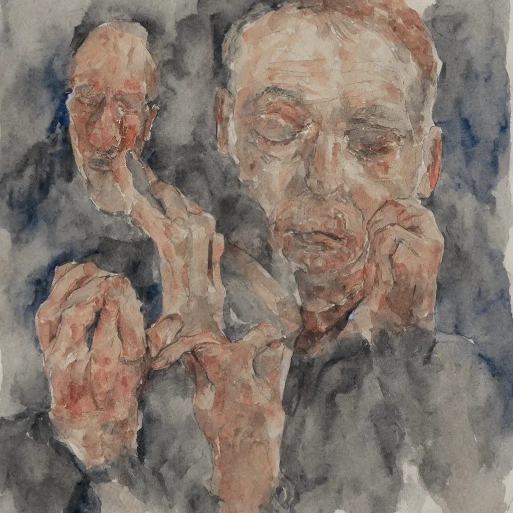 Image similar to a self - portrait of a man suffering from dementia, watercolor
