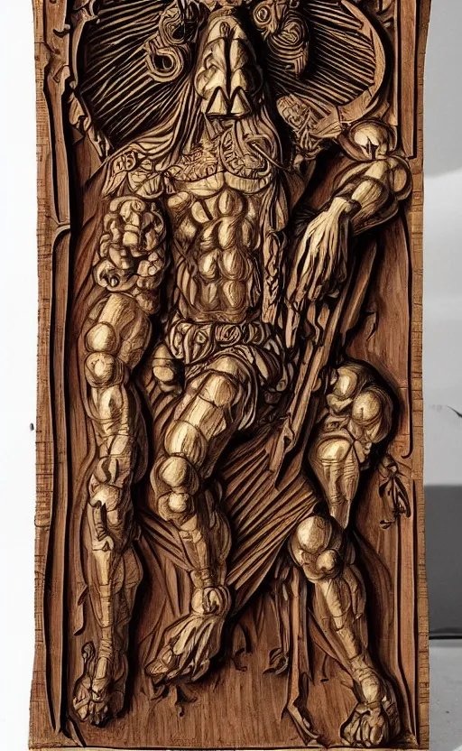 Image similar to an extremely detailed wood relief carving depicting a monstrous image of the god apollo transforming into a stylized sun, medieval, renaissance, manuscript, woodcut, in the style of albrecht durer, alchemical symbols