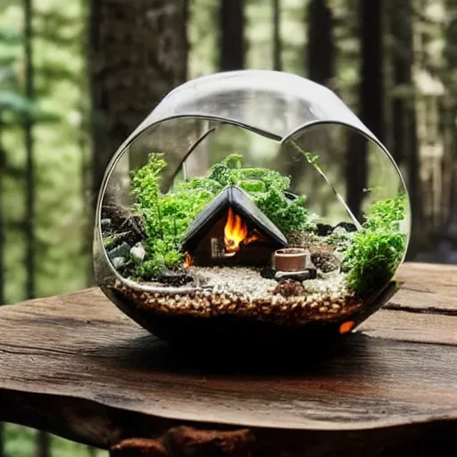 Image similar to a terrarium with cozy cabin on fire, night, inside on top of a minimalist table, lit from the side