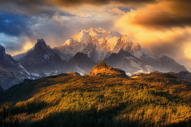 Prompt: beautiful landscape photo by marc adamus, mountains, tree in the foreground, dramatic sky,