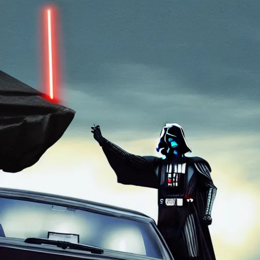 Image similar to darth vader throwing food on a car, throwing food on car windshield