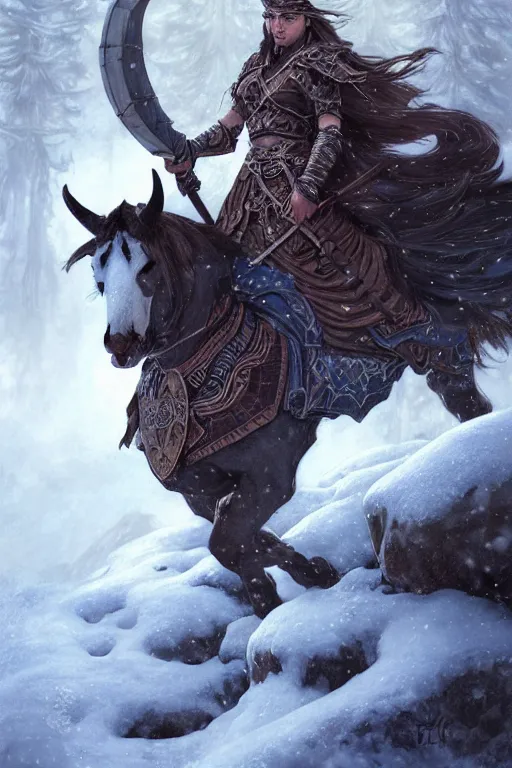 Image similar to azure viking warrior with animal companion, regal, elegant, winter, snow, beautiful, stunning, hd, illustration, epic, d & d, fantasy, intricate, elegant, highly detailed, digital painting, artstation, concept art, smooth, sharp focus, illustration, wallpaper, art by artgerm and greg rutkowski and alphonse mucha and jin xiaodi