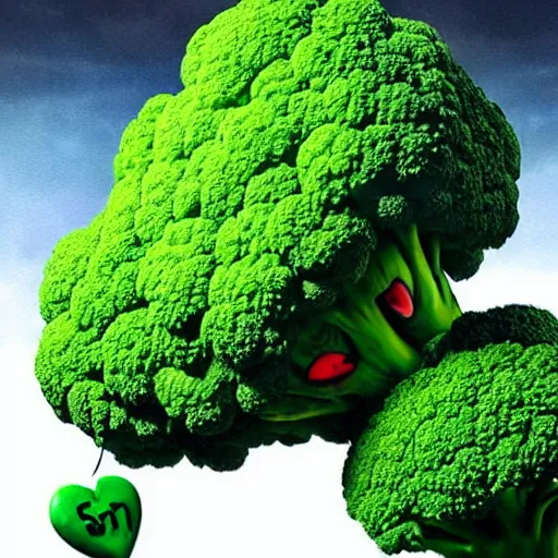 Image similar to A striking epic hyper real comic book style portait painting of a cute broccoli that is kissing hearts out of his mouth that fly to the sky, D&D Concept Art, unreal 5, DAZ, Apex legends concept art, hyperrealistic, octane render, cosplay, RPG portrait, dynamic lighting