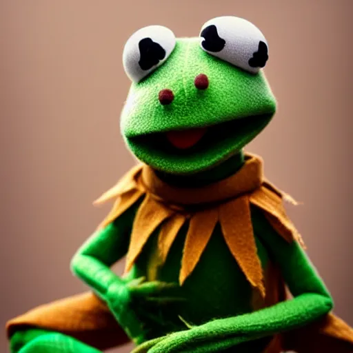 Image similar to Kermit the frog real life puppet hanged with a rope from behind, realistic, DSLR photo, moody lighting, detailed