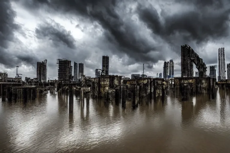 Image similar to flooded cyberpunk city ruins stormy sky