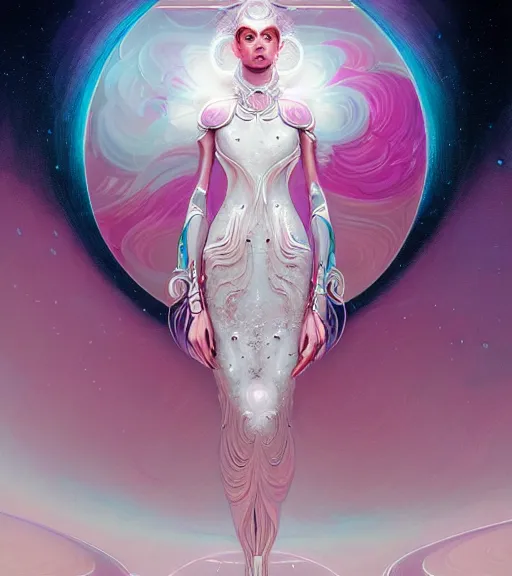 Prompt: porttait of a beautiful celestial Italian Mexican pearlescent interstellar Goddess wearing a futuristic slim dress exposed in cryo chambers by James Jean, pink and white theme, intricate, elegant, highly detailed, centered, digital painting, artstation, concept art, smooth, sharp focus, illustration, by Peter Mohrbacher, WLOP