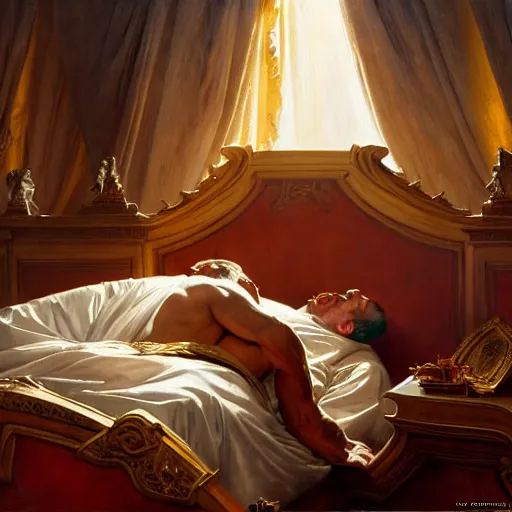 Image similar to the pope is in his bed, nervous and terrified, because a double horned shadow demon from hell is attacking him. highly detailed painting by gaston bussiere, j. c. leyendecker, greg rutkowski, craig mullins 8 k