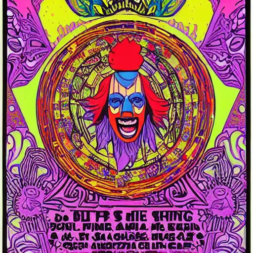 Prompt: Fillmore concert poster for The Bozone April 20, 1969 by Victor Moscoso and S. Clay Wilson, psychedelic, intricate paisley filigree Bozo the clown. red clown nose, mandala, day-glo colors, flowing lettering