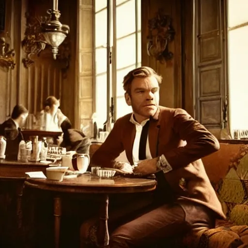 Image similar to ewan mcgregor is sitting at table in a cafe at paris in early 2 0 th century. atmospheric feeling, warm colours, brown colours, yellow colours, epic scene, cinematic, very detailed