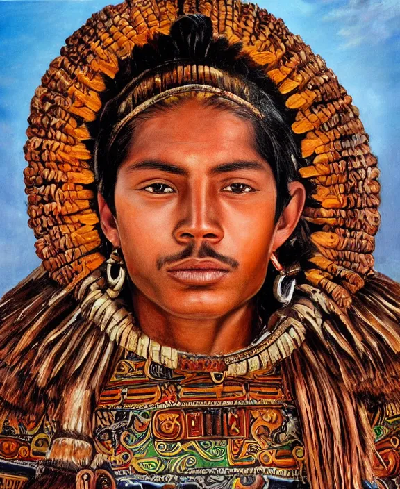 Image similar to portrait of a handsome young mayan warrior in yucatan, art by denys tsiperko and franz xaver kosler and bogdan rezunenko, hyperrealism