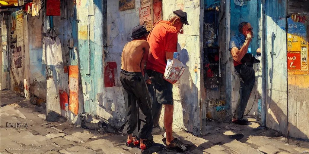 Image similar to old man on street corner in favela painting by vladimir volegov, norman rockwell, tom of finland, coherent high res clarity, trending on artstation