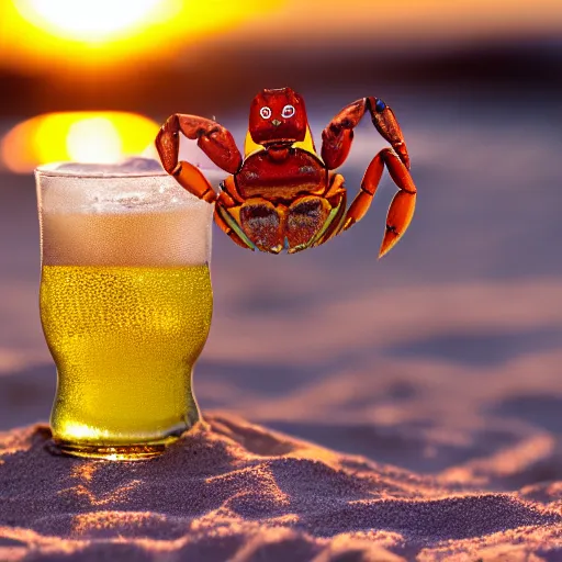 Image similar to a happy crab holding a beer in a beach, golden hour, bokeh, 4k