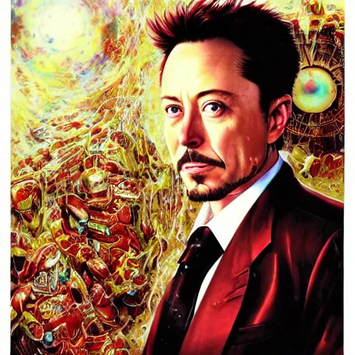 Prompt: realistic detailed image of Elon Musk as Tony Stark in Iron Man (2008) by Ayami Kojima, Amano, Karol Bak, Greg Hildebrandt, and Mark Brooks, Neo-Gothic, gothic, rich deep colors. Beksinski painting, part by Adrian Ghenie and Gerhard Richter. art by Takato Yamamoto. masterpiece