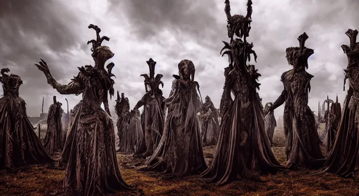 Prompt: photo of sacred blasphemous ritual of the undead, style of Peter Gric, lavish rococo baroque setting, fashion-photography, unholy ceremony, sacrilegious rite, evil, menacing, ominous, threatening, sinister, malevolent. Highly-detailed, photographic, cinematic, dramatic, establishing shot