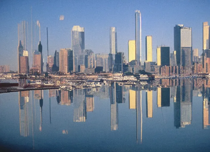 Prompt: retro color photo of a city skyline in the 8 0's. reflections in the water. boats and plain. gradient sky