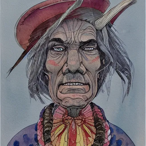 Image similar to a 3 / 4 view watercolor ink painting of old shaman his burns from the inside out, old mexican magician closes eyes, gray haired, in the style of jean giraud in the style of moebius trending on artstation deviantart pinterest detailed realistic hd 8 k high resolution
