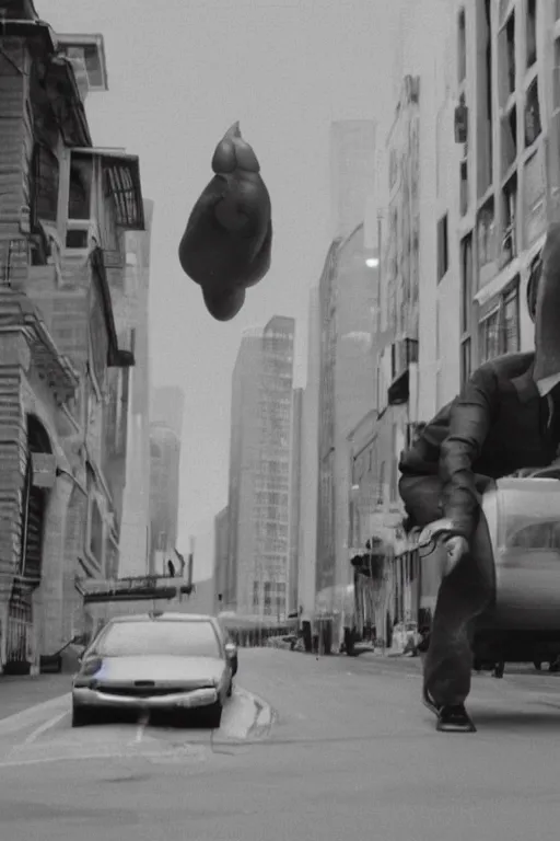 Prompt: still from vhs!! footage of snail!! cryptid walking down street