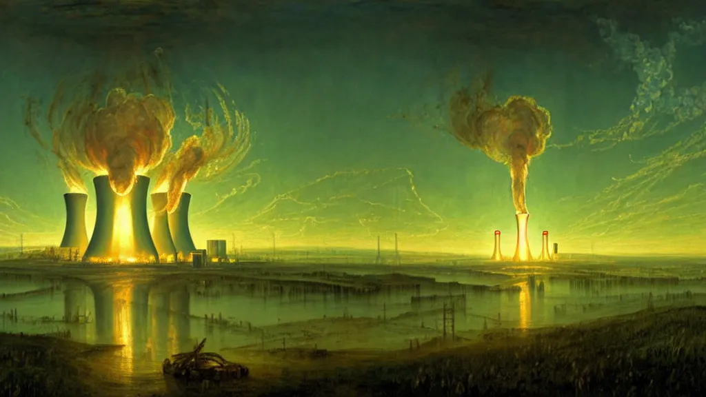 Prompt: A nuclear power plant in utopia by Simon Stålenhag and J.M.W. Turner, oil on canvas; Nuclear Fallout, Art Direction by Adam Adamowicz; 4K, 8K Ultra-Realistic Depth Shading