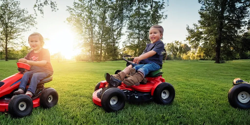 Prompt: a profile shot of a cute long haired toddler riding her tow lawn mower directly behind her father, who is sitting on a riding lawnmower, golden hour