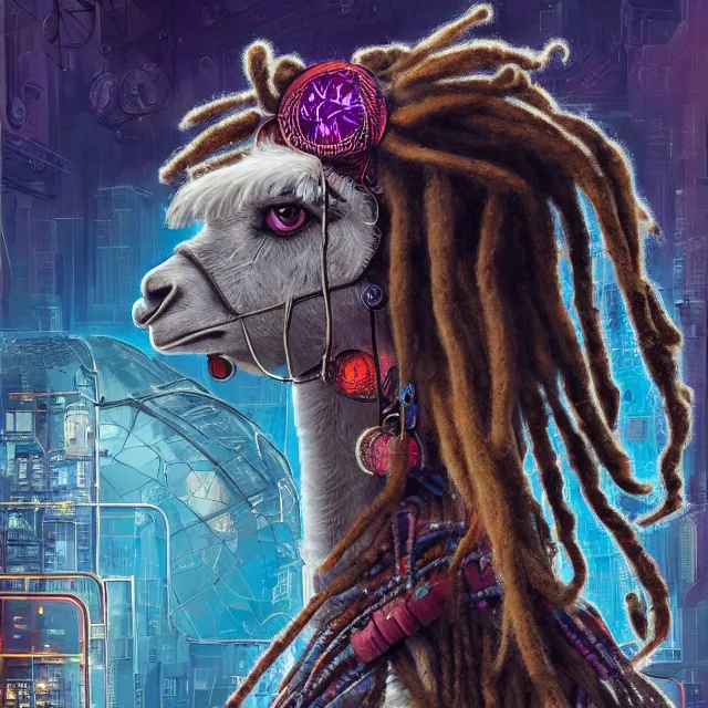 Image similar to llama with dreadlocks, cyberpunk, by mandy jurgens, ernst haeckel, james jean