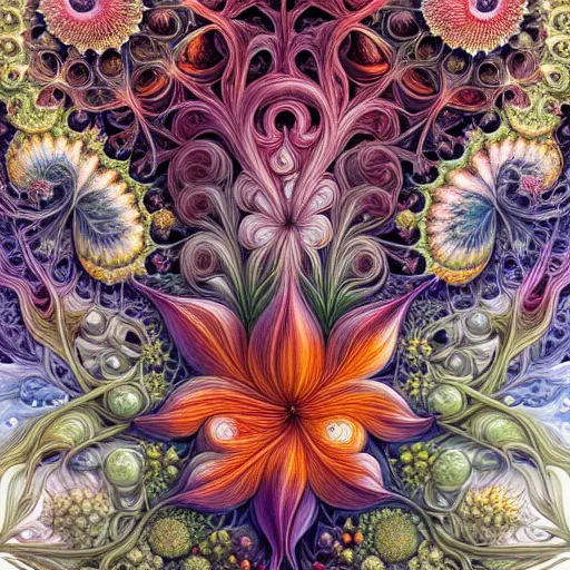 Image similar to an ultra hd detailed painting of many different types of flowers by Android Jones, Earnst Haeckel, James Jean. behance contest winner, generative art, Baroque, intricate patterns, fractalism