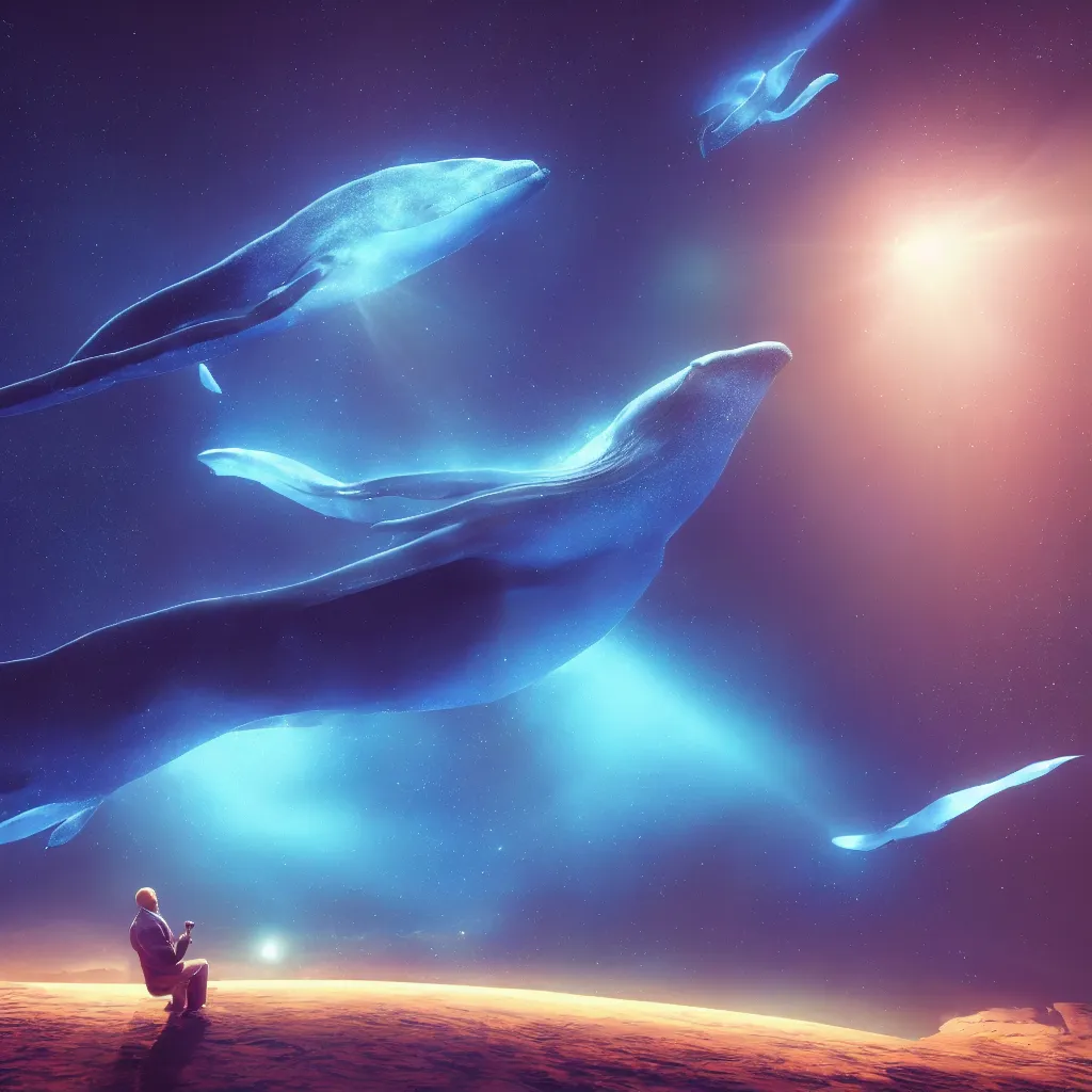 Prompt: a giant blue whale dreaming of his future in space, unreal engine 5, perspective 3 d octane render, psychedelc colors, byyoshita amano, by pixar, 8 k, light rays, lens flare, epic, hyperdetailed