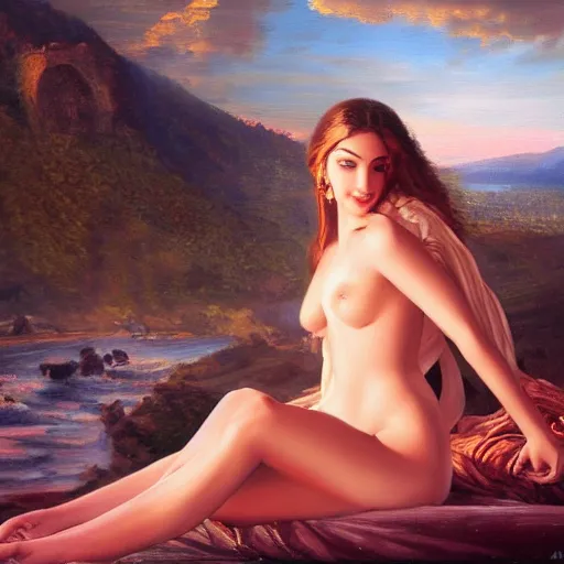 Prompt: Kiara Advani Aphrodite. history painting, dusk, implacable, artstation, oil on canvas, by Albert Aublet, Private Collection