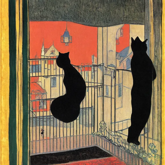 Image similar to couple under a baldachin with city seen from a window frame. fuzzy black cat. henri de toulouse - lautrec, utamaro, matisse, felix vallotton, rene magritte