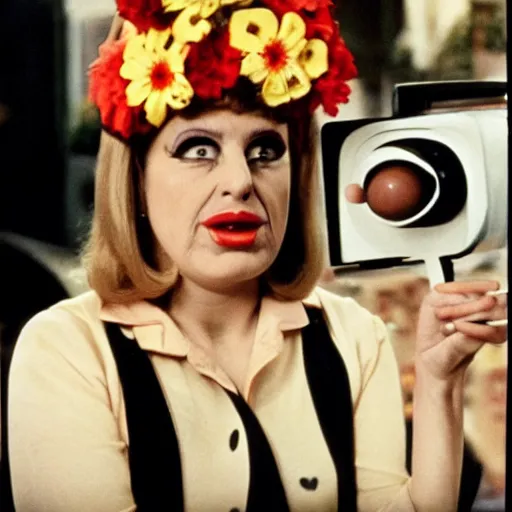 Image similar to 1972 woman on tv show with a long prosthetic snout nose, big nostrils, wearing flowers in the city 1972 color archival footage color film 16mm Fellini Almodovar John Waters Russ Meyer with hand puppet