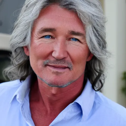 Prompt: patrick duffy mixed with braco the gazer, very long straight grey hair, wearing a white shirt