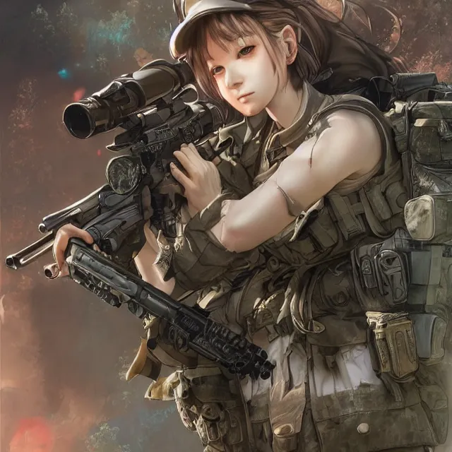 Image similar to the hyperrealistic portrait of lawful neutral female futuristic marine sniper as absurdly beautiful, gorgeous, elegant, young anime gravure idol, an ultrafine hyperdetailed illustration by kim jung gi, irakli nadar, intricate linework, bright colors, octopath traveler, final fantasy, unreal engine 5 highly rendered, global illumination, radiant light, detailed and intricate environment