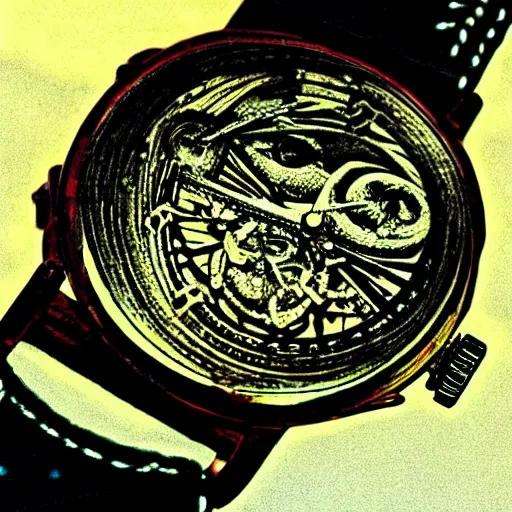 Prompt: analog men's wristwatch, intricate watch face, no gems, lunar calendar, in the style of H. P. Lovecraft's Great Old Ones, digital HDR photography