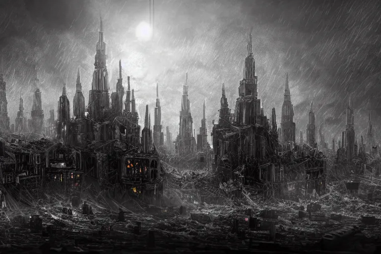 Image similar to Digital art, trending on Artstation, imperial russian warhammer 40k citadel black domes and tall radio spires, Dark and rainy mega city with towering walls built to block the migrants of the coming climate change migrant crisis showing piles of hundred bodies outside to maintain a quality of life for those who can survive the severe and deadly weather patterns observing small children targeted by advanced military style drones, dystopian, pbr render, concept art illustration, tilt shift background, wide depth of field, 8k, 35mm film grain