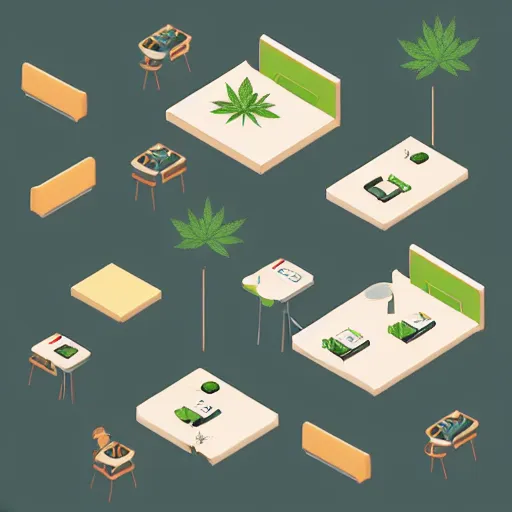 Image similar to isometric cartoon of cannabis leaf cafe. by benoit mandelbrot, low poly minimal desks and chairs design