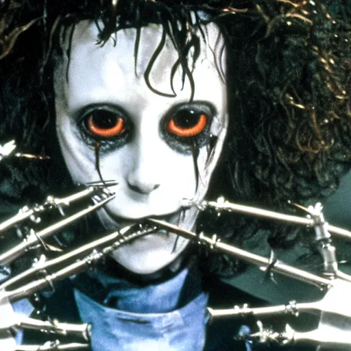 Prompt: a still of Edward ForkHands, in the film Edward Scissorhands, UHD, stylistic, film, horror