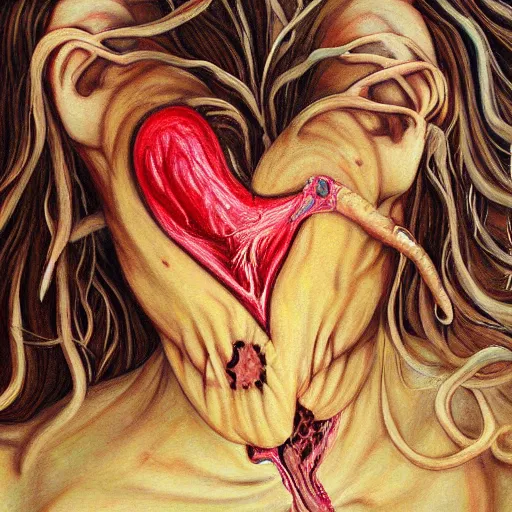 Image similar to hyper - detailed painting of a woman ripping out her heart!