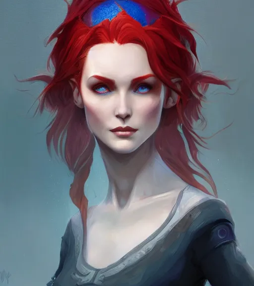 Image similar to A detailed matte oil on canvas head on symmetrical portrait of a distinguished elven woman with red and blue hair by Charlie bowater and lise deharme wlop, trending on artstationhd, dungeons and dragons art critical role