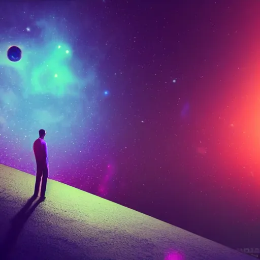 Prompt: a calm man relaxing in the galaxy, synthwave, retro, acrylic art blurry background, depth of field, 3D render,