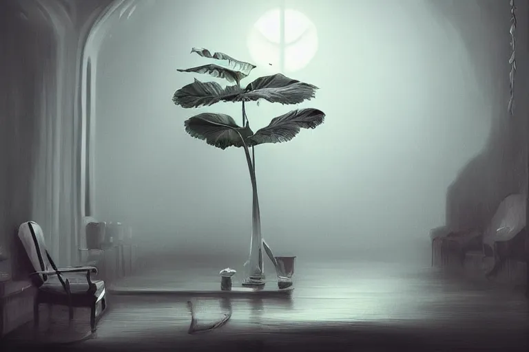 Prompt: Peace Lilly, a common room plant in a mysterious fog, digital art, dark atmosphere by Marby Kwong, (((((((Makoto Shinkai Raphael Lacoste Martin Deschambault Finnian MacManus ArtStationhq IAMAG
