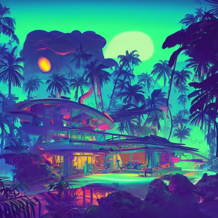 Prompt: a bioluminescent neon tropical cottage by paolo eleuteri serpieri and tomer hanuka and chesley bonestell and daniel merriam and tomokazu matsuyama, unreal engine, high resolution render, featured on artstation, octane, 8 k, highly intricate details, vivid colors, vector illustration