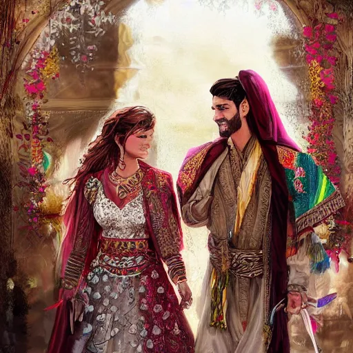 Image similar to kurdish wedding, highly detailed, digital painting, artstation, award winning art, sharp focus, incredibly strong and tall