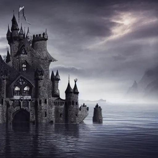 Image similar to a surreal elaborate dark gothic stone castle built over a lake at midnight with a second upside-down castle looming in the clouds above it, dramatic lighting, concept art, hyperdetailed, 4k