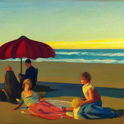 Prompt: a family sitting on a blanket at the beach watching the sun go down in the style of Edward hopper