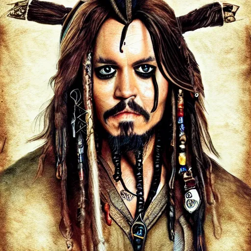 Prompt: portrait Jack Sparrow dressed like Harry Potter at Hogwarts, fighting Voldemort, masterpiece, trending on artstation, intricate detail