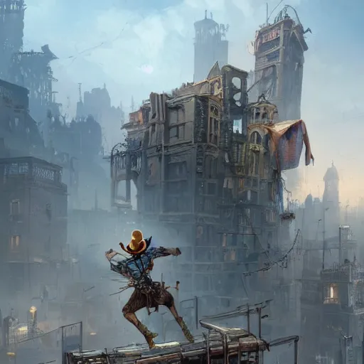 Image similar to Thief running and jumping on the rooftops of a bustling steampunk city in the desert with a towering building made of scraps seen in the distance, digital painting, highly detailed, dynamic, concept art, game art, artstation