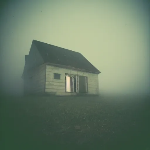 Prompt: taken using a film camera with 35mm expired film, abandoned house at night, slightly foggy, creepy,