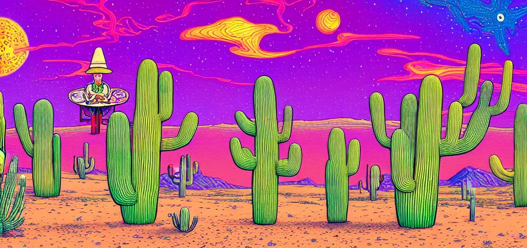 Image similar to A hand drawn digital still of mystical desert with strange ethereal creatures and cactus with a psychedelic night sky, A alien with a sombrero is walking thru the desk drunk drinking a beer in the style of Alex Grey and Moebius, risograph, Artstation HD, 8k, Surrealistic digital artwork,