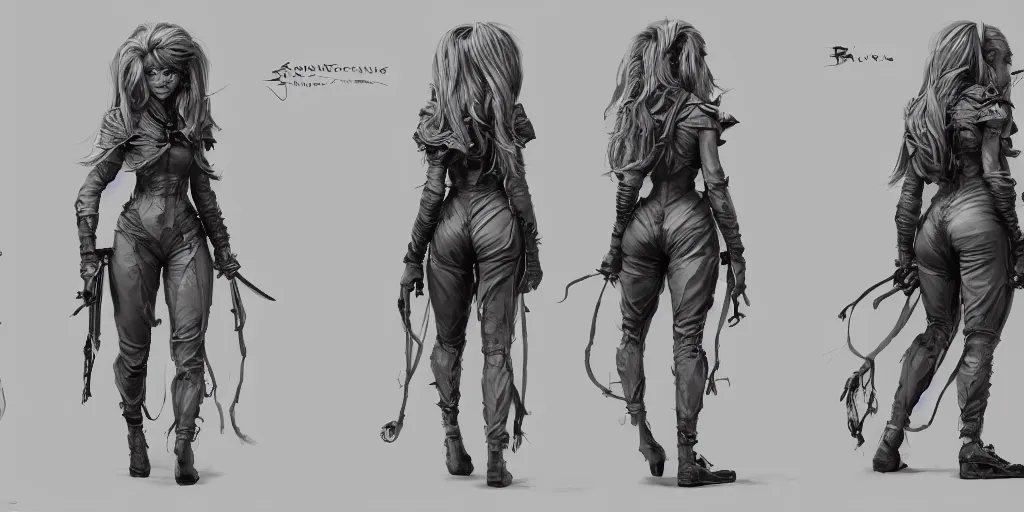 Image similar to brigitte bardotrunning down a dream, character sheet, fine details, concept design, contrast, brigitte bardot, kim jung gi, greg rutkowski, trending on artstation, 8 k, full body, turnaround, front view, back view, ultra wide angle