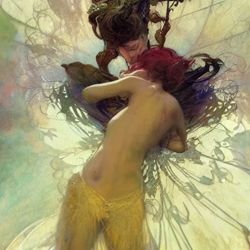 Image similar to whimsically detailed spirit coming out from illuminated hands. Craig mullins. Mucha. Jodorowsky. Dave Mckean. Allan Moore. Magical.