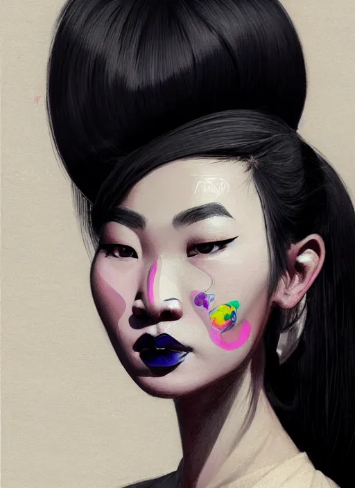 Image similar to portrait of a thai woman with crooked nose and a confident expression, 1 9 6 0 s, black clothes, goth, punk, brightly coloured hair, funk, intricate, elegant, highly detailed, digital painting, artstation, concept art, smooth, sharp focus, illustration, art by wlop, mars ravelo and greg rutkowski